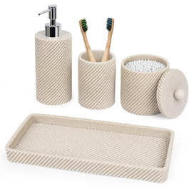 Bathroom Accessory Set, 4-Piece, Lotion Soap Dispenser, Toothbrush Holder, Qtip Holder, Vanity Tray for Decoration, Bathroom, Countertop, Vanity Organizer, Beige