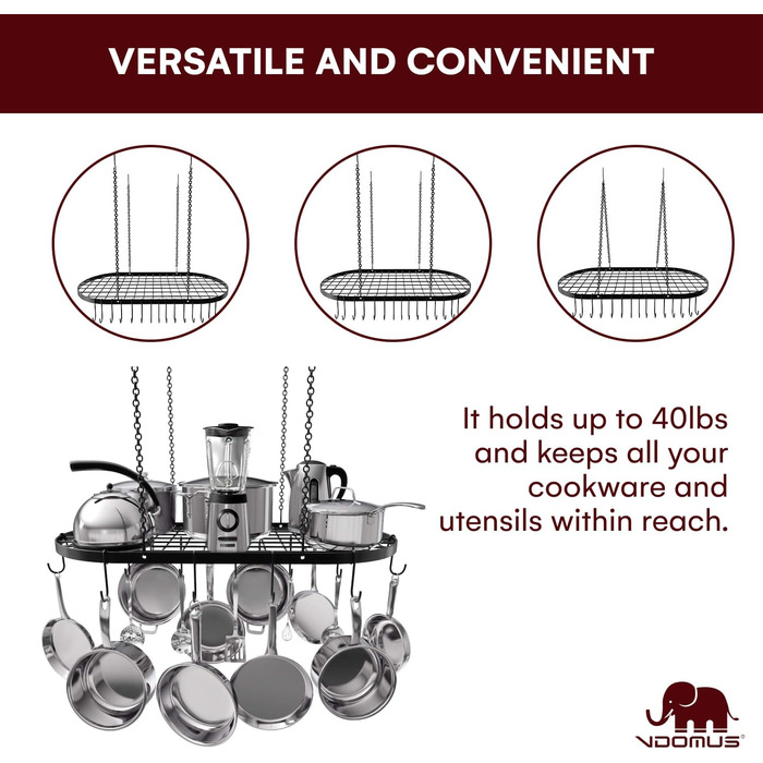 Vdomus Hanging Pot Rack, Heavy-Duty Cast Iron Ceiling Storage, Mounted Kitchen Overhead Pot Holder, Multi-Purpose Kitchen Cookware & Utensil Hanger - 15 Hooks - 84x43 cm