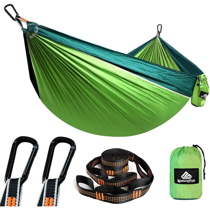 Легка туристична гамак NATUREFUN для кемпінгу | 300 кг вантажопідйомність (275 x 140 см) | Дихаючий, швидковисихаючий нейлон (тканина парашутна) | 2 карабіни преміум-класу, 2 петлі | Для відпочинку вдома, на природі, в саду