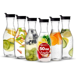 Party Bargains Plastic Carafe with Lid, Transparent, 6 Pack, Black Flip-Top Lid, Premium Quality and Robust Plastic Pitcher for Iced Tea, Powdered Juice, Cold Brew, Mimosas