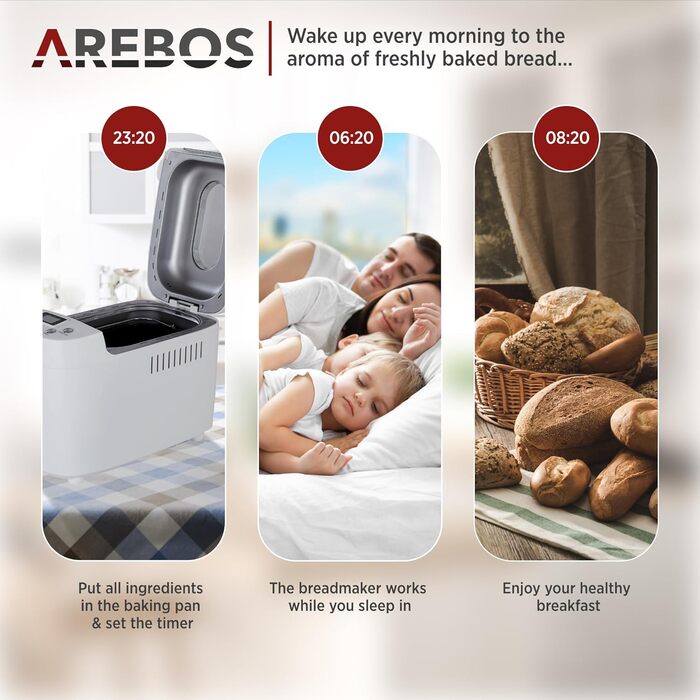 Хлібопечка Arebos 1500г з 15 програмами, таймером та LCD дисплеєм | Хлібопекарня з 3 рівнями підсмажування та 2 гачками для тіста