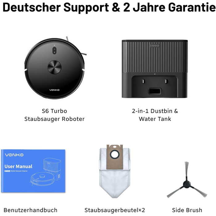 Робот-пилосос VONKO S6 Pro з функцією миття та док-станцією, 6000Pa, LiDAR 2.0, 180 хв, для тварин та килимів