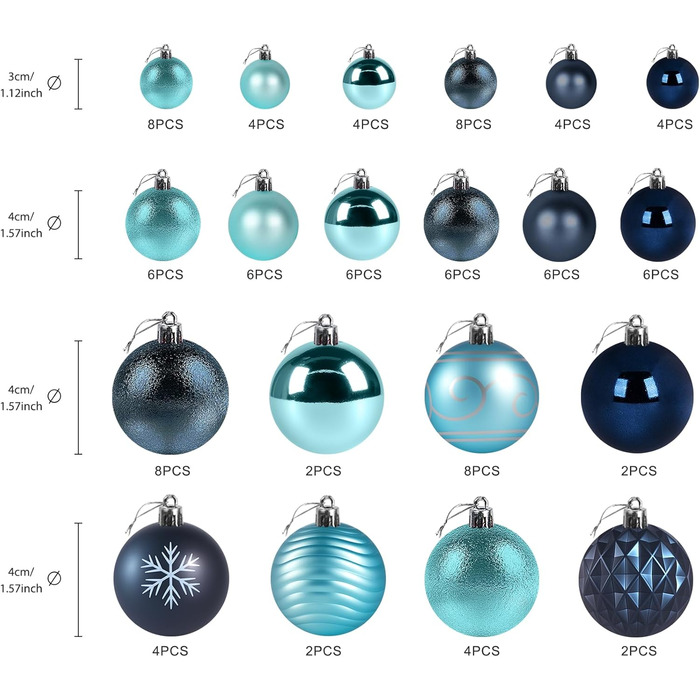 Набір прикрас для ялинки Agoer 100 шт. - блакитні кульки для ялинки з блискітками, пластикові, для декору ялинки на Новий Рік та Різдво
