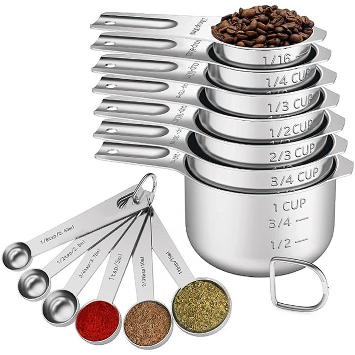Measuring cup and spoon set, 7 stainless steel measuring cups and 6 stainless steel measuring spoons, kitchen aids for cooking and baking