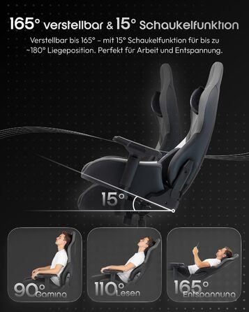 Ігровий крісло Dowinx з 4D підлокітниками, функцією гойдання 15° та регулюванням спинки до 165°, масажний, ергономічний, дизайн у стилі гоночного авто, для геймерів, Esport, вантажопідйомність 135 кг, сірий