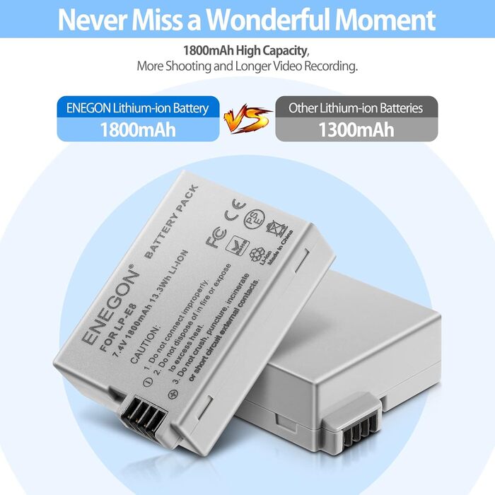 Запасні акумулятори ENEGON (2 шт.) та швидке зарядне пристрій Dual для Canon LP-E8 та Canon EOS Rebel T2i, T3i, T4i, T5i, 550D, 600D, 650D, 700D, Kiss X4, X5, X6, LC-E8E, 2 * LP-E8 Akkus + 1 * Dual Ladegerät