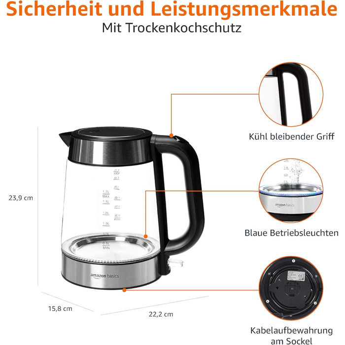 Amazon Basics Electric Glass Kettle, 1.7 L, 2200 W, Black, Silver