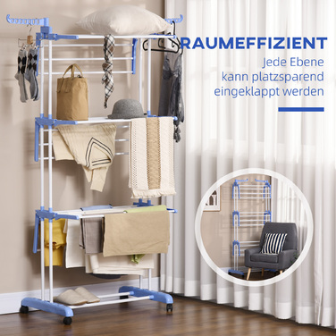 HOMCOM Clothes Dryer Rotary Clothes Airer 73 x 64 x 177cm Extendable with Wheels 4 Levels for Indoor and Outdoor Use Steel Blue