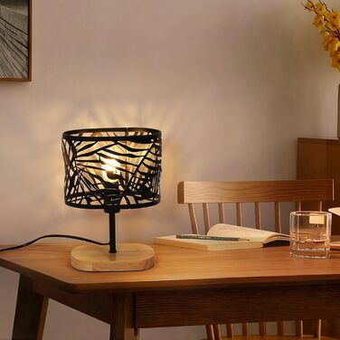 Настільна лампа дерев'яна вінтажна E14, чорна з дерев'яним цоколем та металевим абажуром, для дитячої кімнати, вітальні, спальні, бару