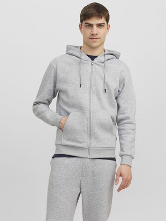Чоловіча толстовка-худі на блискавці JACK & JONES однотонна, світло-сіра (Light Grey Melange), розмір S