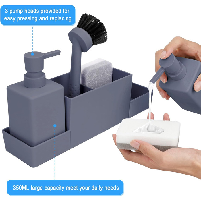 CAUTIOUS 350ml Sink Organizer with Brush, Soap Dispenser Sponge Kitchen Dish Soap Dispenser Set Made of Plastic, Sink Organizer with Two Soap Dispensers, Kitchen Gadget Organizer (gray)