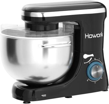 Кухонна машина Howork Knetmaschine: потужна 1500W, 8L, нахильна чаша, 6 швидкостей, міксер, гак для тіста, сплітштор, чорний