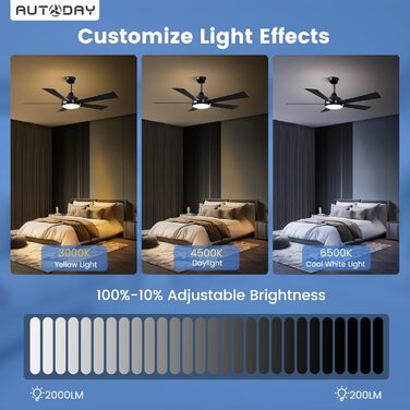 Дерев'яний стельовий вентилятор з підсвічуванням, LED 24W, тихий DC-двигун 38W, 132 см, з пультом дистанційного керування, 6 швидкостей, таймер, (Чорний)