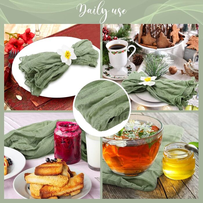 Gaze Cheesecloth Napkins, 50 x 50 cm, Napkins, crinkled, decorative fabric napkins for home, wedding, rustic table decoration, sage green, 100 pieces