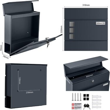 Поштовий ящик Zedelmaier з нержавіючої сталі, персоналізований, настінний, з відділенням для газет, 2 ключі, замок, антрацит 33x31x10 см