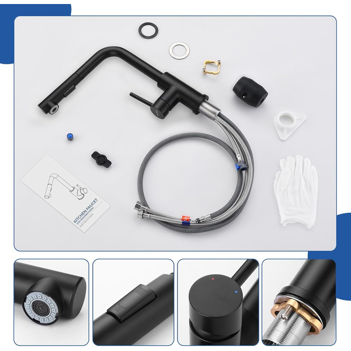 Висувна кухонна змішувач з душем, 360° поворот, кухонна арматура з двома режимами струменя, з нержавіючої сталі, чорний, з висувною насадкою
