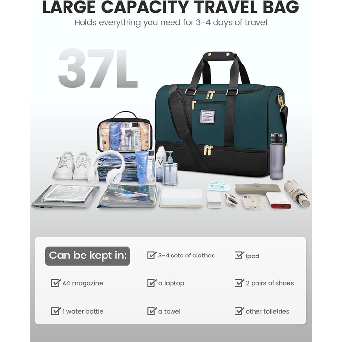 LOVEVOOK Спортивна сумка-рюкзак 37L, чорно-блакитна, для подорожей та відпочинку, з відділенням для взуття та мокрих речей, водонепроникна