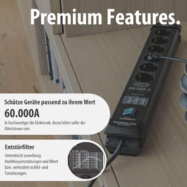 Бренненштуль Преміум-Лінія Мережевий фільтр 6 розеток з захистом від перенапруги до 60000A (з вимикачем та 3м кабелем, для кріплення на стіну, Made in Germany) чорний, розсіювач струму 60000 A