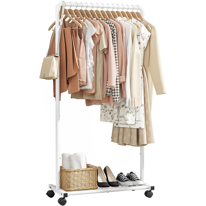 Металевий вішак для одягу на коліщатках з полицями - міцний гардероб для пальто, курток, светрів