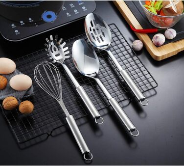 Набір посуду Berglander 7 предметів з нержавіючої сталі, з підставкою, набір ложок, шумовка, половник, ложка для сервірування, сервер для пасти, подрібнювач картоплі (Kt19a-12)