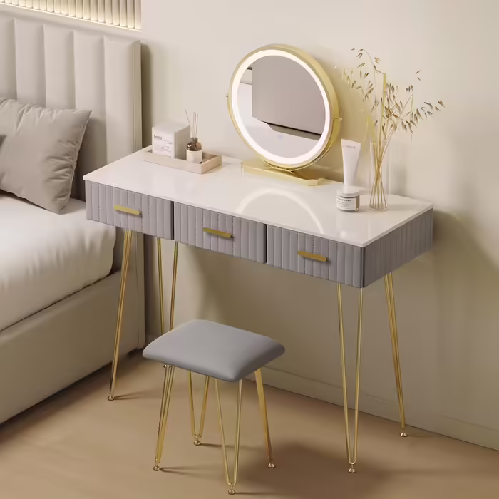 WOLTU Vanity Table with Mirror and Stool, Dressing Table with 3 Drawers Made of Solid Wood, Large High-Gloss Tabletop, Modern Cosmetic Table from Velvet and Metal, White, MB6080gr (Grey, 100x40cm with LED Lighting)