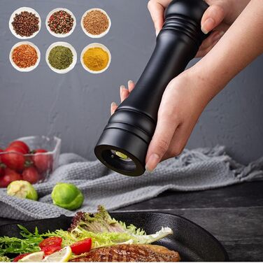 Salt and pepper grinder, wooden pepper grinder set salt pepper mill kit manual mills solid with strong adjustable ceramic grinding mechanisms 2 pieces 8 inch (K 2 Black)