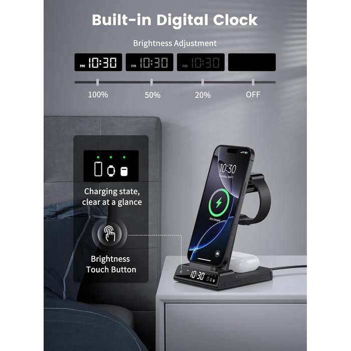 Зарядна станція 3-в-1 для Apple: iPhone 16/15/14, Apple Watch 10/9/8/7/6/SE та AirPods Pro/4. Бездротова зарядка