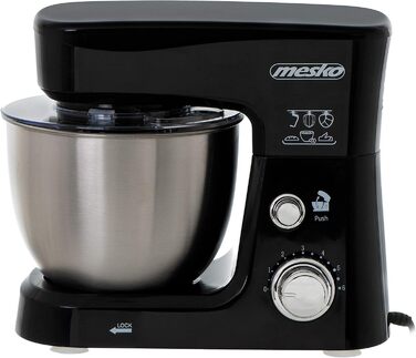 Кухонна машина Mesko MS 4217, 3,5 л, 1200 Вт, 6 швидкостей, нержавіюча сталь, міксер для тіста, вінчики, захист від бризок, сріблясто-чорна