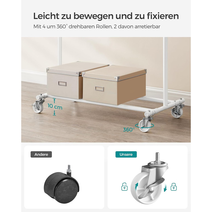 SONGMICS Вішалка для одягу на колесах, важкий, висувна штанга, до 100 кг, білий HSR013W01