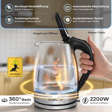 Електричний чайник Kowdom 1.8L з боросилікатного скла, BPA-free, 2200W, швидкий нагрів, автовимкнення та захист від сухого кипіння, чорний