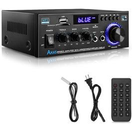 KKMOL AK45 Міні Hi-Fi стерео підсилювач Bluetooth, 400 Вт, 2-канальний, цифровий аудіо підсилювач з USB, SD, радіо, пультом, 12V/220V