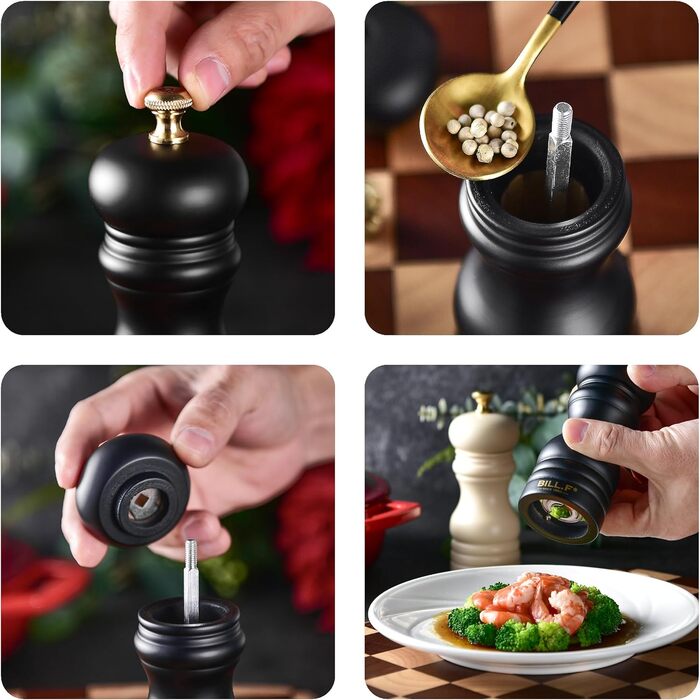 Набір для солі та перцю Bill.F, 2 шт., дерев'яні, ручні, з регульованим керамічним млином, 13,5 см (чорний та кремовий)