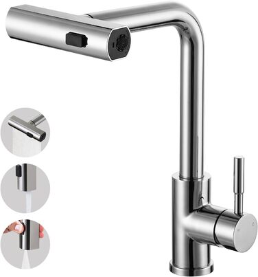 Кран кухонний iVIGA висувний з дощу, водоспад, 360° поворот, мікшер, брашований нікель