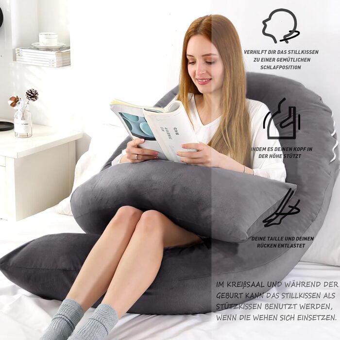 Подушка для вагітних Caliyo 2 шт. U-подібної форми, подушка для сну на боці з чохлом, подушка для годування, велика, комфортна подушка для вагітних (сірий, кристалевий велюр)