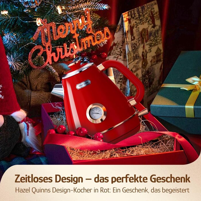 Електричний чайник Hazel Quinn Retro з термометром, з нержавіючої сталі, без пластику, 1.7 л, 2200 Вт, автоматичне вимкнення, вінтажний дизайн, Rudy Rot