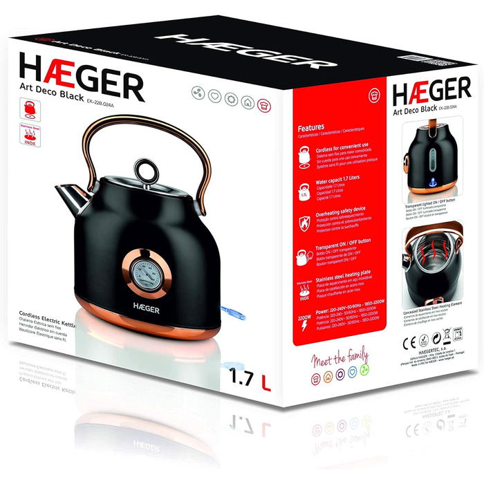 Електричний чайник Haeger EK-22B.024A Art Deco Black 1.7 л, 2200 Вт, бездротовий, поворотний на 360°