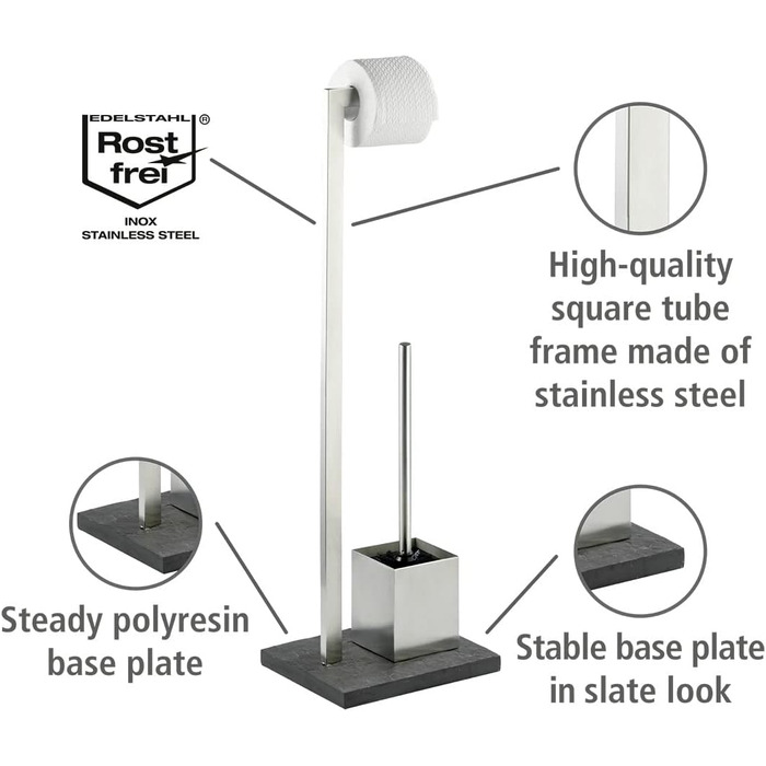 Набір для туалету WENKO Slate-Rock: тримач туалетного паперу та щітка для унітазу, нержавіюча сталь, антрацит, 73.5 x 19.5 x 23 см