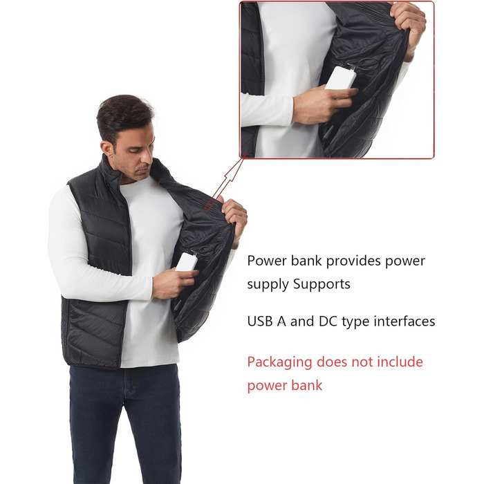 Обогревна жилетка Monave для чоловіків та жінок. Жилетка з підігрівом, 3 режими, для мотоцикла, кемпінгу, катання на лижах, повсякденного носіння та роботи на відкритому повітрі. Чорний колір. (Powerbank не входить до комплекту)