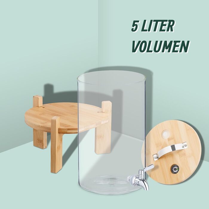 Диспенсер для напоїв Relaxdays, 8 л, бамбуковий підставник, термометр, прозорий посуд для пуншу, холодних та гарячих напоїв