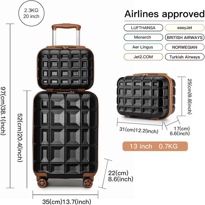 Набір валіз KONO 2 в 1: велика валіза (54 см) та косметичка, чорний/коричневий