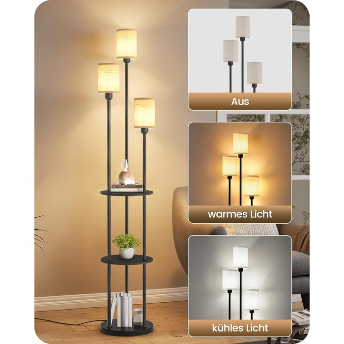 Стельова лампа для вітальні з поличкою, 3-хламкова лампа на ніжці з полицею Vintage, Бохо підлогова лампа з дерева з вимикачем на ніжці, патрон E27, ретро-дизайн, рустикальний коричнево-бежевий колір ZEF53LDD05 (Бежевий, Чорний)