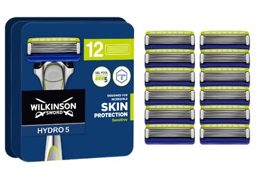 Смінні касети для бритви Wilkinson Sword Hydro 5 для чоловіків, з зволожуючим гелем та тримером, 12 шт.