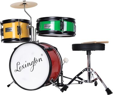 Дитячий барабанний комплект Lexington 3 PC: барабан, малий том, бас-бочка, педаль, стілець, тарілка, палички, червоний, жовтий, зелений