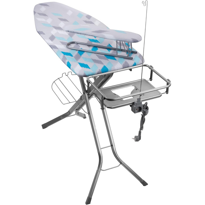 Прасувальна дошка KADAX з підставкою для рукавів 130x41 см, поверхня для прасування 53x13 см, з відсіком для праски та розеткою, складана прасувальна станція з парогенератором, Made in EU (Блакитна)