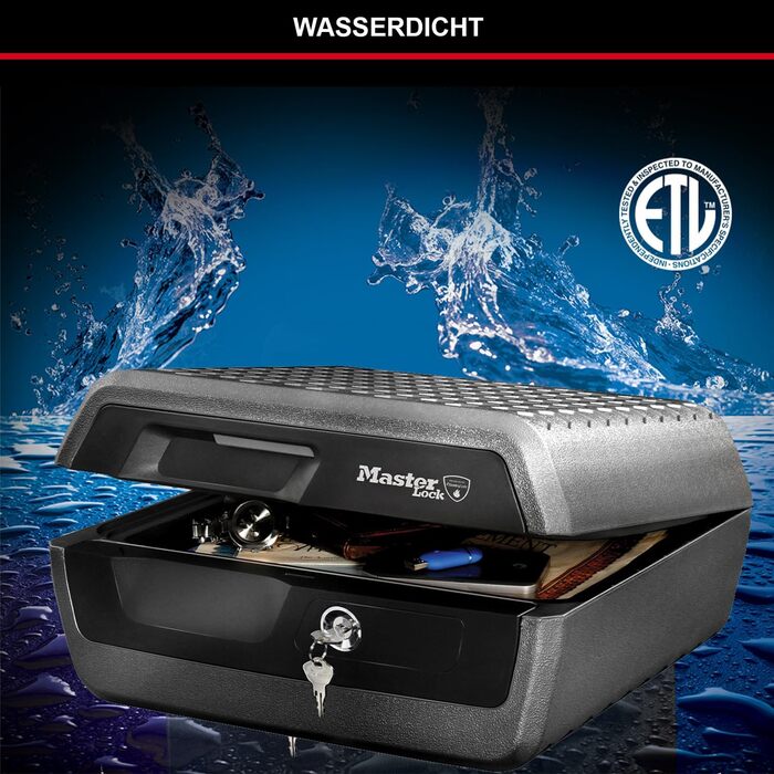 Master Lock Fire & Water Resistant Security Safe - Large Key Lock Box for ID Cards, A4 Documents, Small Electronics, Jewelry - 10L Capacity