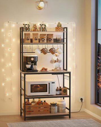 Стелаж кухонний VASAGLE з розетками, для мікрохвильової печі, з решіткою, 14 гачків, антрацит-чорний (40 x 80 x 170 см)