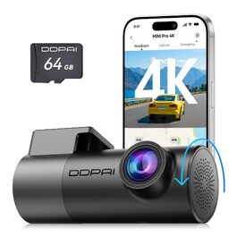Автомобільний відеореєстратор DDPAI MINI Pro 4K 2160P з SD-картою 64ГБ, поворотна камера 360°, нічна зйомка, 24гд моніторинг паркування, WiFi 6, G-сенсор