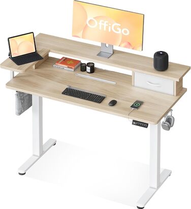 Регульований за висотою стіл OffiGo 120x60 з L-подновою для монітора, висувна шухляда, USB-порт, ергономічний комп'ютерний стіл, бежевий
