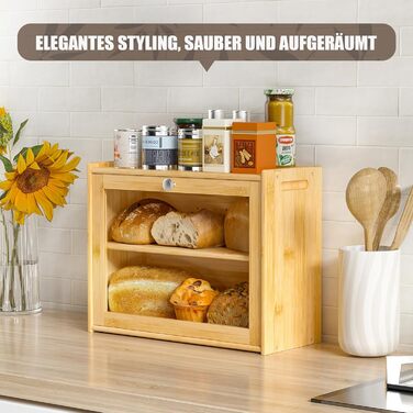 Бредониця з бамбука з вентиляцією, 2 полиці та великим оглядовим вікном, дерев'яний контейнер для хліба, безпечний для харчових продуктів, легкий у догляді, 40x31x17.5 см (EX-MBX01-2C-YUAN)