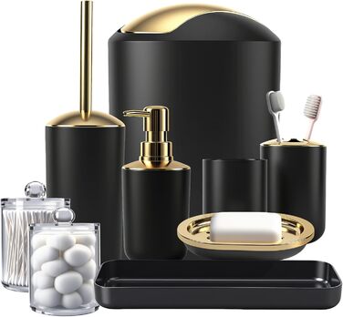Набір аксесуарів для ванної кімнати, 9 предметів: сміттєвий бак, дозатор мила, мильниця, щітка для унітазу, тримач для зубних щіток, стакан, піднос, контейнер для ватних паличок, органайзер для стільниці, чорний та золотий